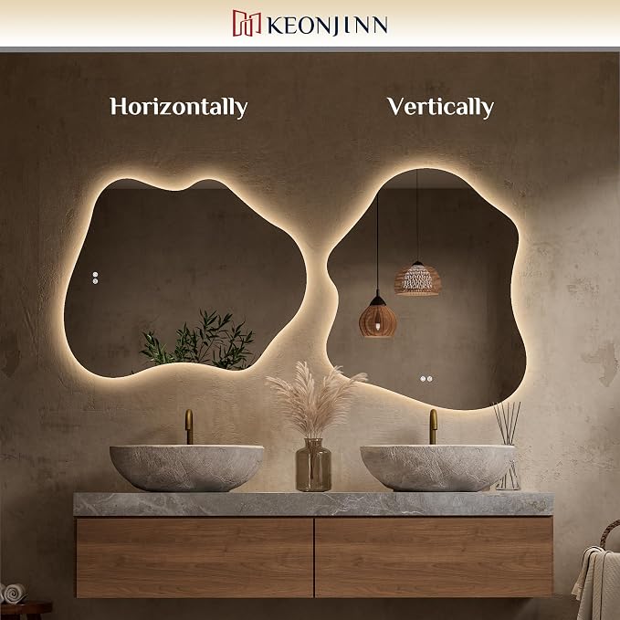 Keonjinn Irregular Backlit Bathroom Mirror 30 x 36 Inch, HD Tempered Glass | Asymmetrical Cloud Bathroom Mirror with Lights, 3 Color Lights, Dimmable, Fast Anti-Fog, Memory Function, Horizontal/Vertical