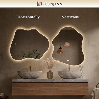 Keonjinn Irregular Backlit Bathroom Mirror 30 x 36 Inch, HD Tempered Glass | Asymmetrical Cloud Bathroom Mirror with Lights, 3 Color Lights, Dimmable, Fast Anti-Fog, Memory Function, Horizontal/Vertical