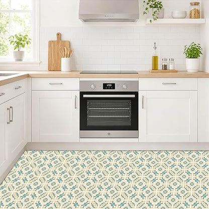 Teal Beige Floral Peel and Stick Floor Tiles 12x12 Inch 10PCS | Teal and beige floral geometric pattern vinyl floor stickers for kitchen bathroom entryway and indoor home decor