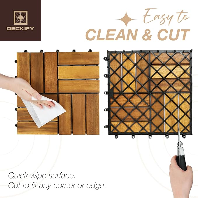 9-Piece Acacia Wood Interlocking Deck Tiles, Golden Teak Crossed | 12-Slat Cross Drainage, Non-Slip Grip, 490 lb Capacity, Protective Oil-Rubbed Finish, Flat-Surface Install, Patio Ready