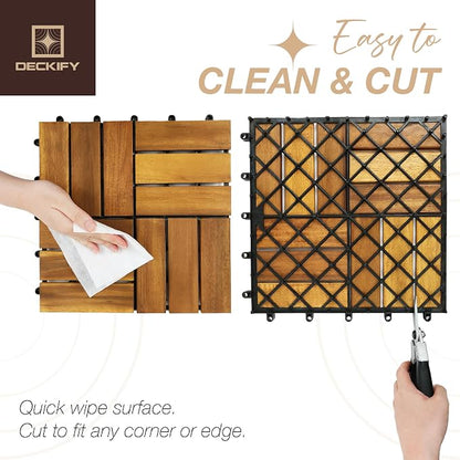 9-Piece Acacia Wood Interlocking Deck Tiles, Golden Teak Crossed | 12-Slat Cross Drainage, Non-Slip Grip, 490 lb Capacity, Protective Oil-Rubbed Finish, Flat-Surface Install, Patio Ready