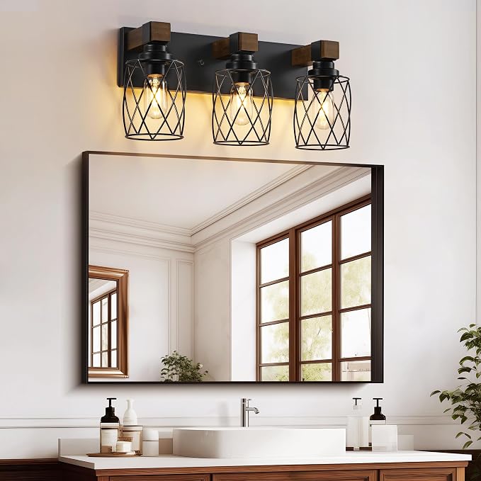 Farmhouse 3-Light Wood Bathroom Vanity Light, Black Metal Cage Shade | Mounted Over Mirror, Industrial Rustic Style, Ideal for Bathroom, Bedroom, Hallway & Living Room, Easy To Install
