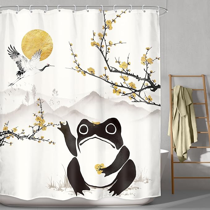 LGhtyro Funny Frog Shower Curtain Bathroom Set 60Wx71H Inches Asian Style Traditional Japanese Golden Plum Blossom Landscape Scenery Bath Accessories Sun Mountain Art Home Decor Fabric 12 Pack Hooks