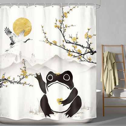 LGhtyro Funny Frog Shower Curtain Bathroom Set 60Wx71H Inches Asian Style Traditional Japanese Golden Plum Blossom Landscape Scenery Bath Accessories Sun Mountain Art Home Decor Fabric 12 Pack Hooks