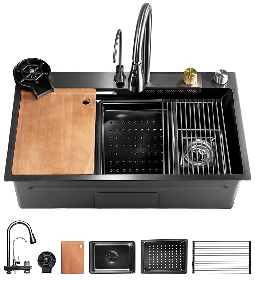 SereneLife Stainless Steel Kitchen Sink | Undermount & Drop-In Installation |13 Gauge & 30"L x 18"W x 9"H IN | Includes Faucet, Drain Rack, Strainer Basket, Cutting Board & Cup Washer | Black