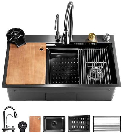 SereneLife Stainless Steel Kitchen Sink | Undermount & Drop-In Installation |13 Gauge & 30"L x 18"W x 9"H IN | Includes Faucet, Drain Rack, Strainer Basket, Cutting Board & Cup Washer | Black