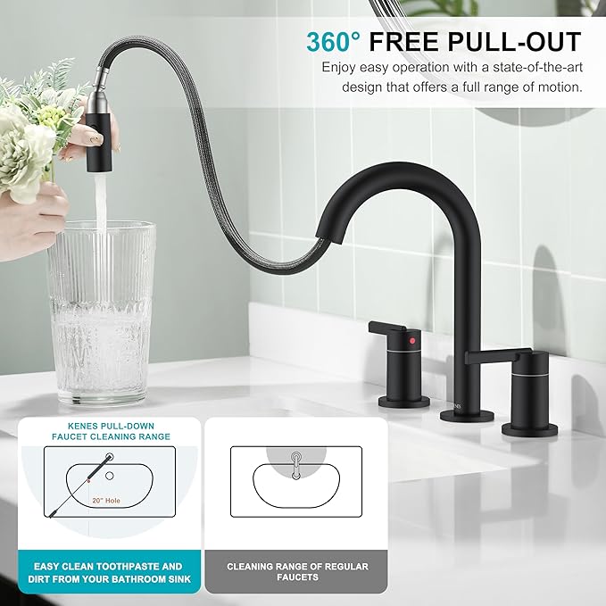 KENES Matte Black Pull Out Bathroom Faucet, 8 Inch 2 Handle Widespread Bathroom Faucet 3 Hole with Pull Down Sprayer, Bathroom Sink Faucet with Pop Up Drain & Supply Lines LJ-9068-2