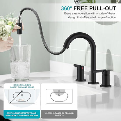 KENES Matte Black Pull Out Bathroom Faucet, 8 Inch 2 Handle Widespread Bathroom Faucet 3 Hole with Pull Down Sprayer, Bathroom Sink Faucet with Pop Up Drain & Supply Lines LJ-9068-2