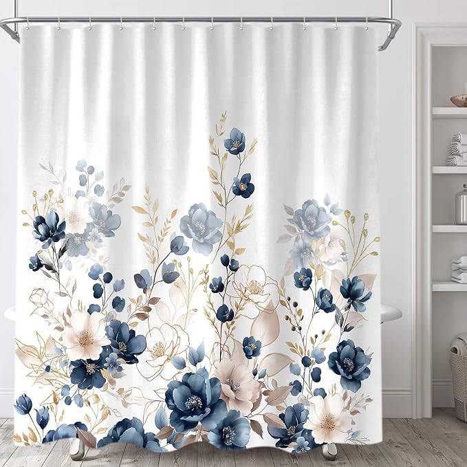 Sanzugh Navy Blue and Gold Flower Shower Curtain, Boho Watercolor Floral Leaves Cute Fabric Shower Curtains Set for Bathroom Decorative with Hooks 60 X 72 inch Beautiful Bath Decor
