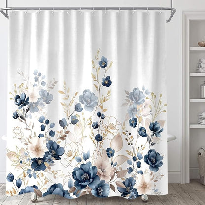 Sanzugh Navy Blue and Gold Flower Shower Curtain, Boho Watercolor Floral Leaves Cute Fabric Shower Curtains Set for Bathroom Decorative with Hooks 60 X 72 inch Beautiful Bath Decor