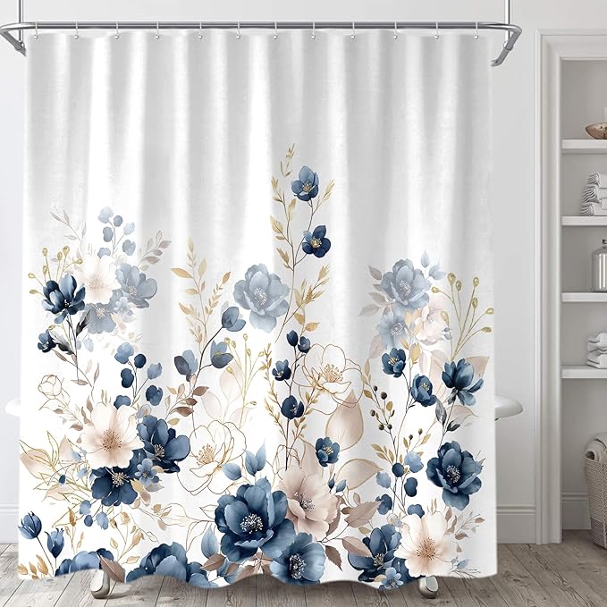 Sanzugh Navy Blue and Gold Flower Extra Long Shower Curtain, Boho Watercolor Floral Leaves Cute Fabric Shower Curtains Set for Bathroom Decorative with Hooks 72 X 96 inch Beautiful Bath Decor