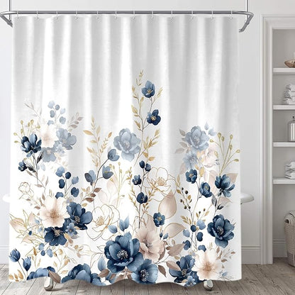 Sanzugh Navy Blue and Gold Flower Extra Long Shower Curtain, Boho Watercolor Floral Leaves Cute Fabric Shower Curtains Set for Bathroom Decorative with Hooks 72 X 96 inch Beautiful Bath Decor