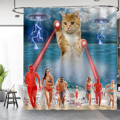 Aimego Funny Cat Shower Curtains for Bathroom - Cute Cool Ocean Cat with Weird Adults Beach UFO Fun Bath Shower Curtain Set with 12 Hooks for Adults Kids Bathroom Decor Accessories, 72"x72"