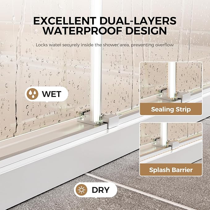 Frameless Stainless Steel Sliding Shower Door, 44-48" W x 76" H - 5/16" (8mm) Thick Tempered Glass Rust-Proof Glass Shower Door with Dual Tracks in Brushed Nickel