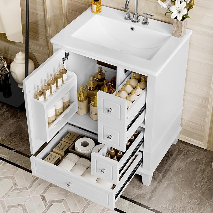 24" Vanity with Sink, Small Bathroom Vanities 24 Inch with Sink, Single Sink Bathroom Vanity with Door Shelf and Three Drawers, Restroom Vanity with Sink Top (White)