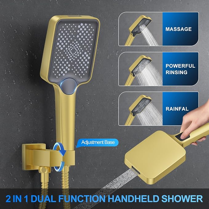 Woindo Shower Faucet Set, 10" Wall Mount Rainfall Shower System with 2 Rain Shower Head and Multi-function Handheld Head Push Button Diverter Shower Faucet Trim Kit