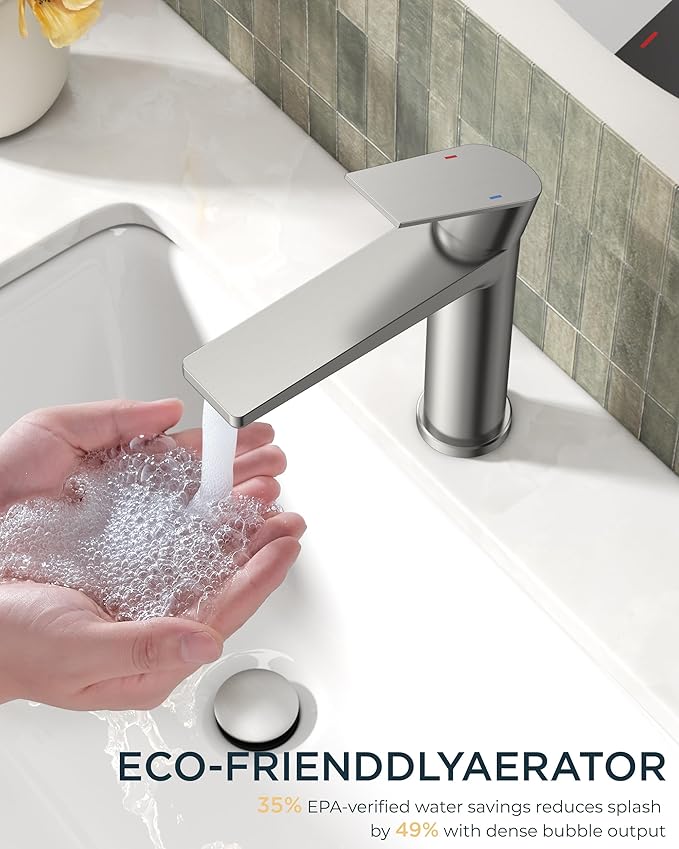 FORIOUS Brushed Nickel Bathroom Faucet 1 Hole, Single Handle Single Hole Bathroom Faucet Brushed Nickel with Deck Plate and Pop Up Drain, CUPC Hoses for One Handle Vanity Sink, Rv, Camper, Farmhouse