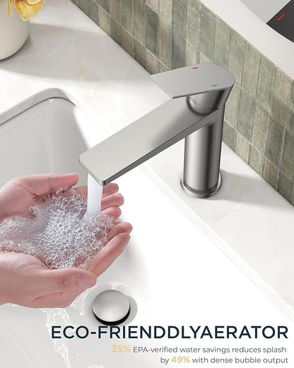 FORIOUS Brushed Nickel Bathroom Faucet 1 Hole, Single Handle Single Hole Bathroom Faucet Brushed Nickel with Deck Plate and Pop Up Drain, CUPC Hoses for One Handle Vanity Sink, Rv, Camper, Farmhouse