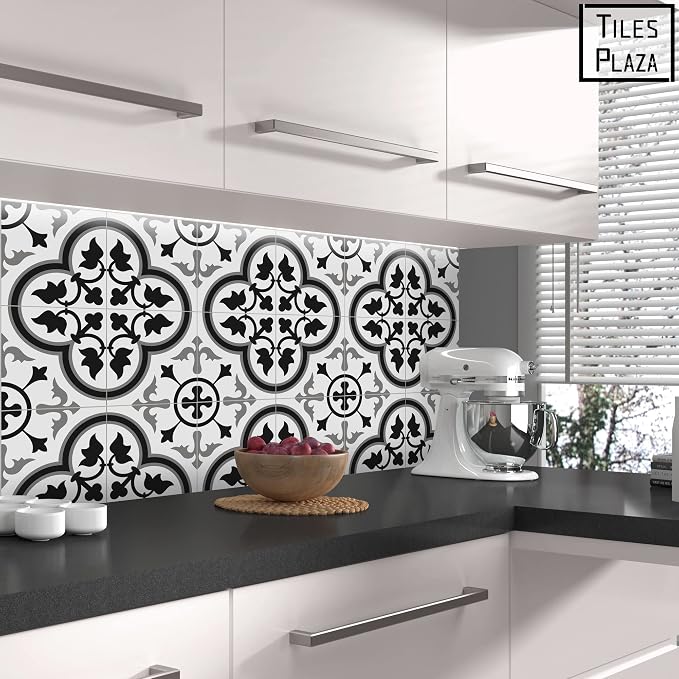 The Tiles Plaza Encaustic Peel and Stick Backsplash, Grey and White Patterned Vintage Stick on Tiles, Stone Composite Self-Adhesive Wall Tile Sticker for Kitchen Bathroom Fireplace Stairs, 10 Sheets