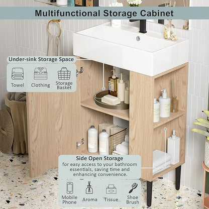 21.6 in Small Bathroom Vanity with Sink,Doors and Storage Shelves,Wood Modern Single Fluted Bathroom Sink Cabinet Freestanding (Natural Wood,Right Shelf)