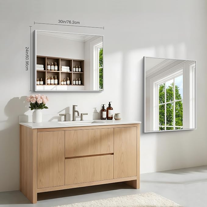 BONEWEI Silver Bathroom Mirror,24x30 inch Wall Mirror for Bathroom Wall Mounted,Rectangle Mirror for Bathroom Over Sink,Modern Metal Frame for Living Room,Bedroom Entryway,Horizontal/Vertical