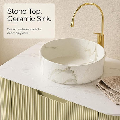 30 Inch Bathroom Vanity with Sink, Floating Wall Mounted Single Sink Vanity, Sage Green Curved Fluted Front, Stone Top, Marble-Look Round Vessel Basin, Pre-Assembled