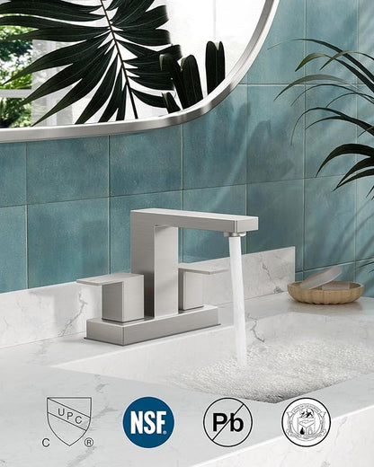 FORIOUS 4 Inch Brushed Nickel Bathroom Faucet Centerset 2 Handles, 3 or 2 Hole Centerset Bathroom Sink Faucet Brushed Nickel Square with Metal Drain, 24" CUPC Hose, and 1.2 GPM Spare Aerator