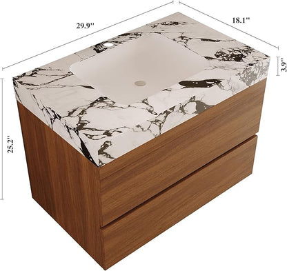 30 inch Modern Floating Bathroom Vanity with Faux Marble Countertop and Ceramic Sink, Wall-Mounted Bathroom Vanity Cabinet with 2 Soft Closing Drawers for Bathroom, Powder Room, Apartment, Walnut
