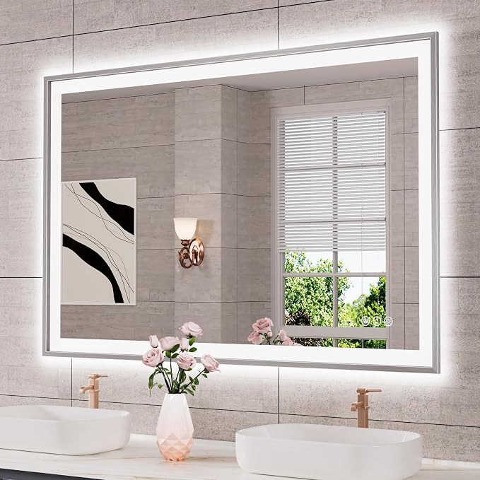 48x32 Inch LED Bathroom Mirror with Silver Frame | Silver Metal Frame, Front and Backlit, 3 Colors, Dimmable, Memory, Anti Fog, Tempered Glass, Lighted Mirror for Wall