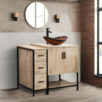 UEV 42" Rustic Oak Bathroom Vanity with Sink Combo,Industrial Iron Frame Bathroom Cabinet Sets with 3 Drawers Side Cabinet,Modern Brown Boat Tempered Glass Vessel Sink(029BR)