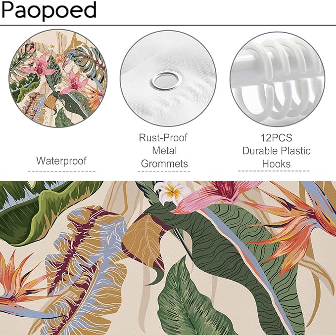 Tropical Shower Curtain Waterproof Fabric Bathroom Curtain with Hooks 72x72 inch, Colorful Floral Jungle Plant Leaf Bathroom Decor