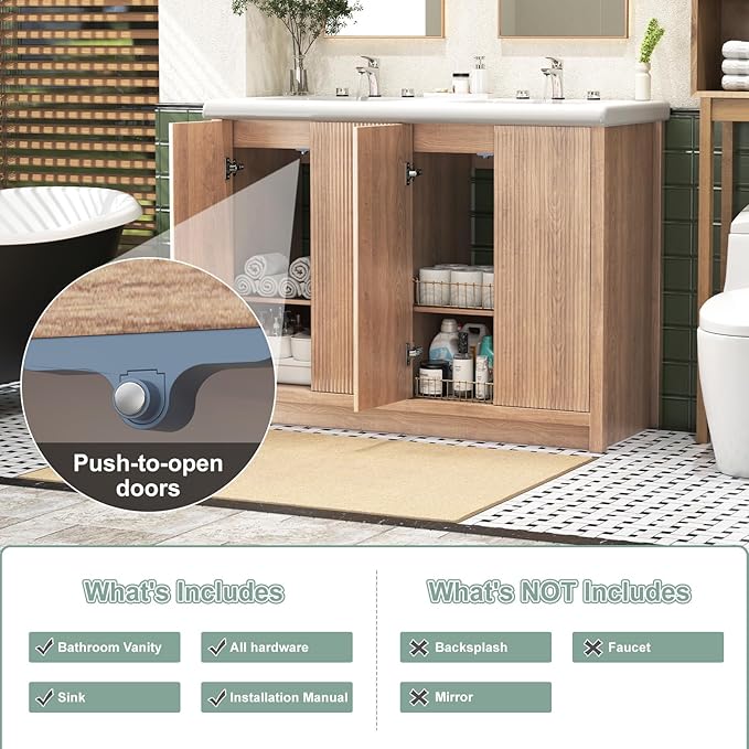 48 Inch Bathroom Vanity with Double Sink, Bathroom Sink Cabinet with 4 Fluted Doors, Double Sink Bath vanities Combo, Light Oak (20" D x 48" W x 36" H)