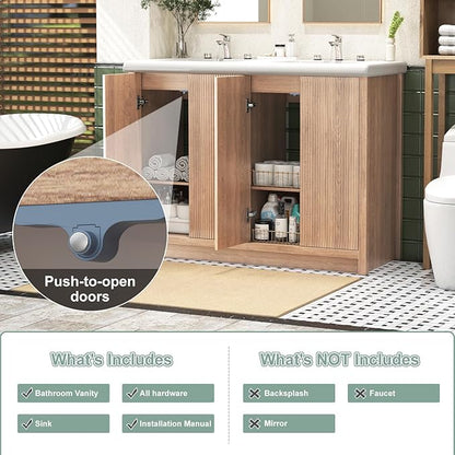 48 Inch Bathroom Vanity with Ceramic Sink, Bathroom Sink Cabinet with 4 Fluted Doors, Double Sink Bath vanities Combo, Light Oak (20" D x 48" W x 36" H)