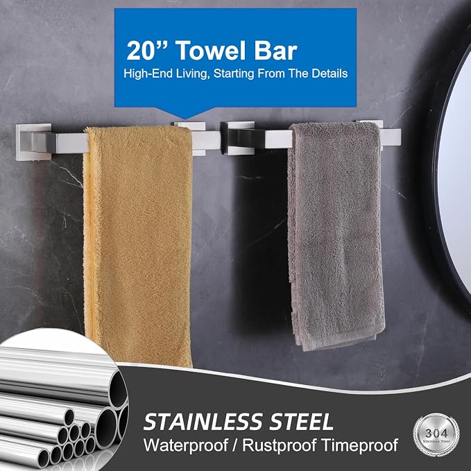 Towel Bar 2 Pack for Bathroom 20 Inch Brush Nickel Towel Holder 12/16/20/24/28/32/36 In Stainless Steel SS304 Rustproof Towel Rack Modern Square Towel Rod for Bathroom Wall(2, Brushed Nickel, 20 Inch)