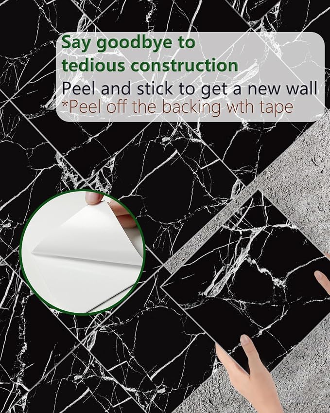 10 Sheets Marble Peel and Stick Backsplash Tile, 12"x12" Waterproof PVC Self Adhesive Tile Shower Wall Panels for Bathroom, Kitchen, Living Room (Black White)