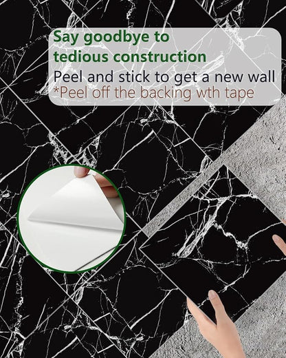 10 Sheets Marble Peel and Stick Backsplash Tile, 12"x12" Waterproof PVC Self Adhesive Tile Shower Wall Panels for Bathroom, Kitchen, Living Room (Black White)