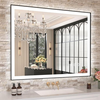 LED Bathroom Mirror, 40"x32" Frontlit&Backlit, Controlled Separately | Black Metal Frame, Stepless Dimmable, Anti-Fog, HD Reflection, Shatter-Proof, 3 Colors Lighting, Memory, UL Listed