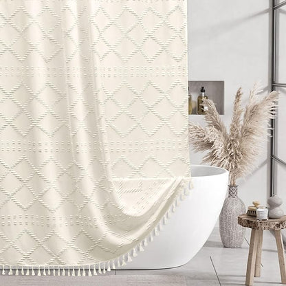 Siiluminisoy Cream Boho Woven Fabric Shower Curtain, 72 x 72 Tufted Chevron Textured Striped Modern Farmhouse Minimalist Cloth Curtain for Bathroom