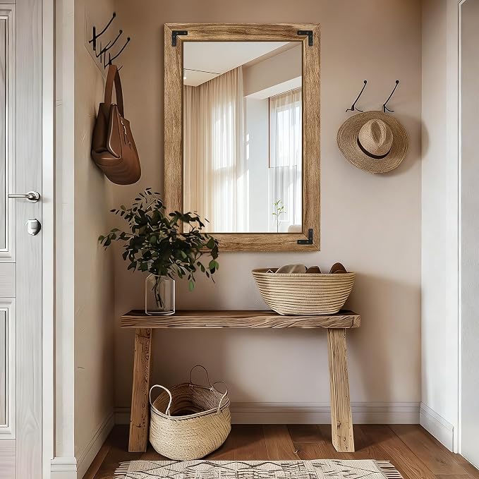 Bathroom Mirror for Wall, 26" x 38" Wooden Vanity Mirror | Solid Wood Frame, Rustic Farmhouse Style, Shatterproof Glass, for Bedroom, Living Room, Entryway Decor, Vertical/Horizontal