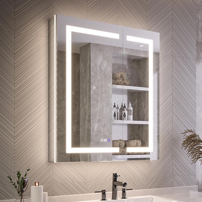 Recessed Medicine Cabinet with Lights, 30x36 Lighted Medicine Cabinet with Mirror, 5XMagnifier, GFCI Outlet, Soft-closed, Front&Backlit, Anti-Fog, Dimmable&Tunable, Sensor Lights, Adjustable Shelves