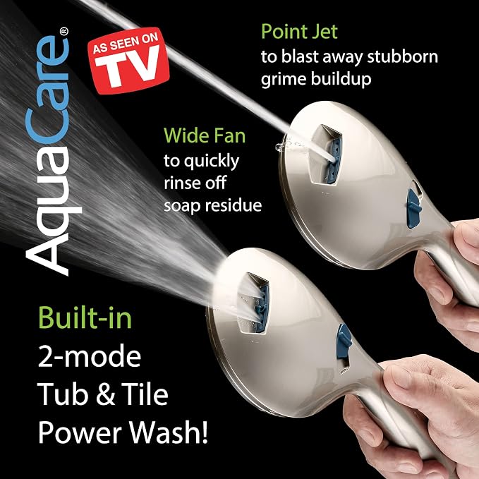 AquaCare New 8-mode High Pressure Handheld Shower Head w/ 2-way Power Wash | Stay Clean Nozzles, Dual Power Wash for Tub, Tile & Pets, Long 6 ft. Stainless Steel Hose, Wall & Overhead Brackets / Nickel