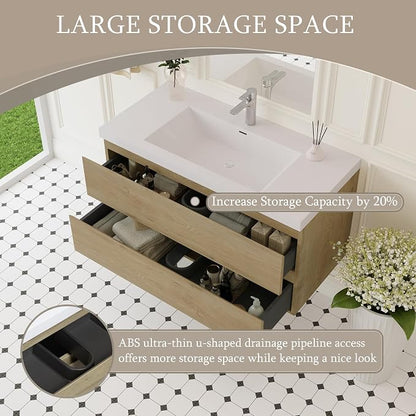 42 Inch Floating Bathroom Vanity with Sink, Wall Mounted Floating Vanity | Large Storage with 2 Soft Close Drawers, One-Piece Basin Bathroom Sink Cabinet, Natural Oak, Pre assembled