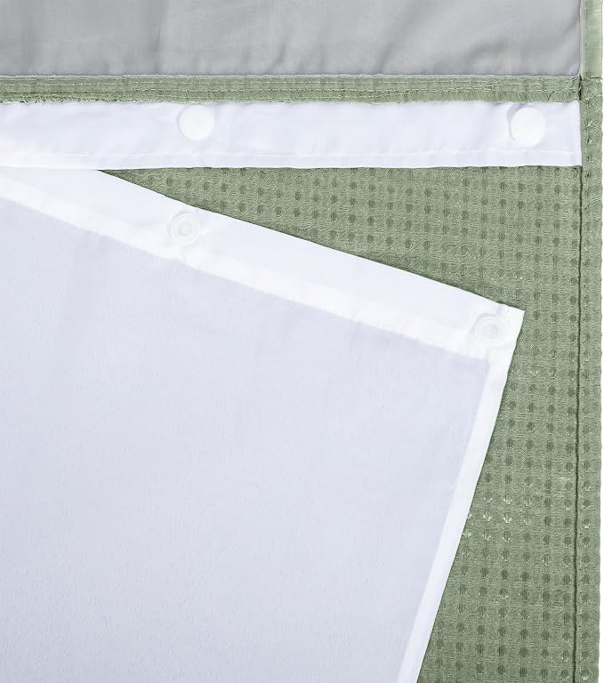 RiverDream Heavyweight Waffle No Hook Shower Curtain with Liner,Green,71x74 | Dotted Waffle,Snap-in Liner,Heavy Duty,Quick Dry,Mesh Top Window,With Bottom Magnets,Hotel-Grade,Washable,Standard Size