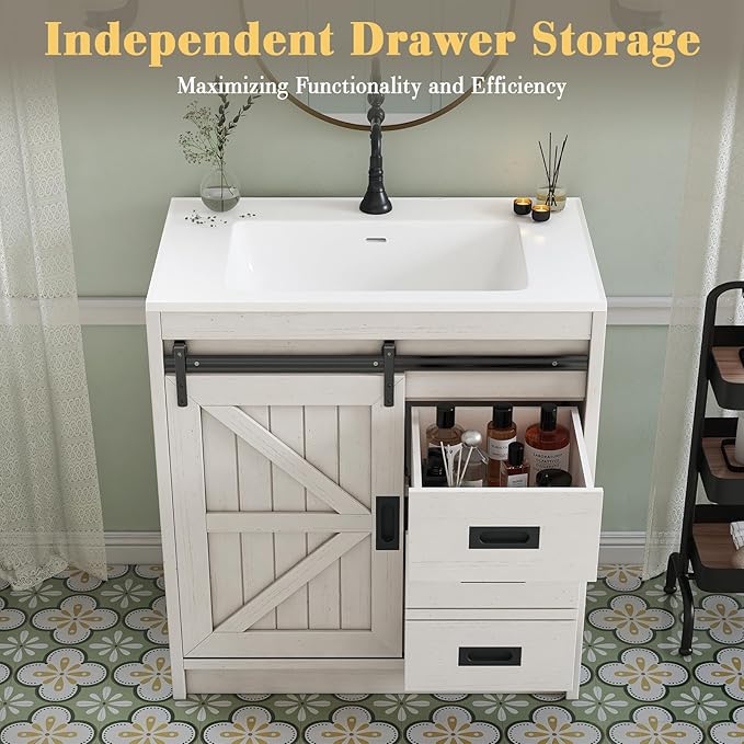 31" Farmhouse Sliding Barn Door Bathroom Vanity with Sink Combo, Bathroom Vanity Cabinet with Drawers & Metal Handles, Freestanding, Distressed White