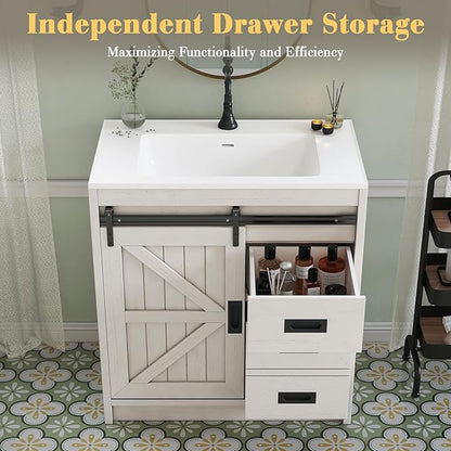 31" Farmhouse Sliding Barn Door Bathroom Vanity with Sink Combo, Bathroom Vanity Cabinet with Drawers & Metal Handles, Freestanding, Distressed White