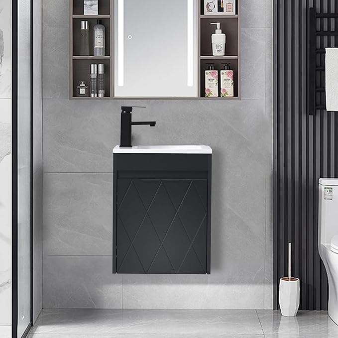 16" Bathroom Vanity Sink Combo for Small Space, Wall Mounted Bathroom Cabinet Set with White Resin Basin Sink Top Black Faucet Pop Up Drain Black