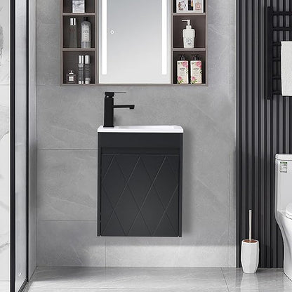 16" Bathroom Vanity Sink Combo for Small Space, Wall Mounted Bathroom Cabinet Set with White Resin Basin Sink Top Black Faucet Pop Up Drain Black