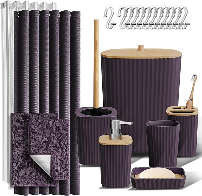 Clara Clark Purple Bathroom Set, Bathroom Sets with Shower Curtain and Rugs | 22 Piece Bathroom Accessories Set with Toothbrush Holder, Soap Dispenser, Soap Dish, Toilet Brush, and Bathroom Trash Can
