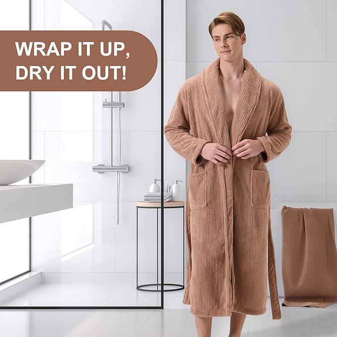 Men's Shawl Collar Bathrobe, Soft Long Towel Robe for Men - Super Absorbent Quick Dry yet Warm