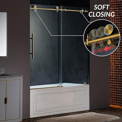Woodbridge Frameless Single Sliding Shower Doors in Brushed Gold Finish, 57.5-60" Width x 62" Height with 3/8"(10mm) Clear Tempered Glass, Soft Close System and Explosion-Proof Film, BSDC6062-BG